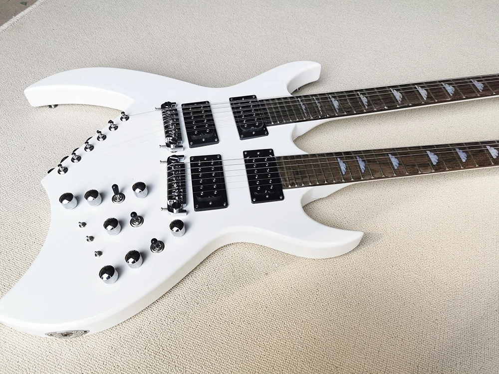 White 12+6 Strings Double Necks Electric Guitar with Hubuckers Pickups,Rosewood Fretboard