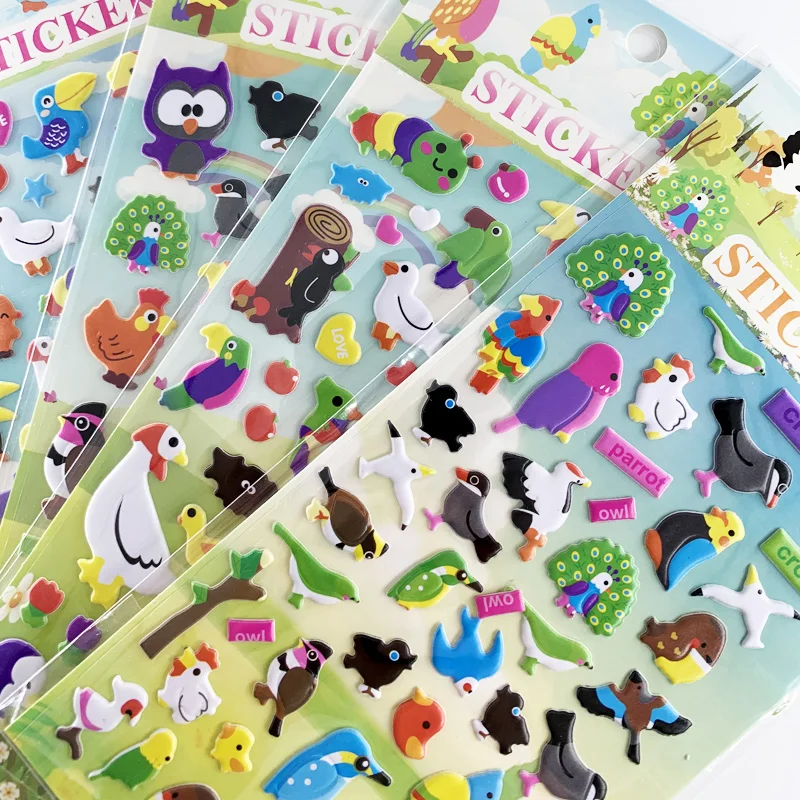 4 Sheets/Set Cute Birds Cartoon Stickers Children DIY Puffy PVC Scrapbook Stickers for Kids Notebook Bedroom Decoration