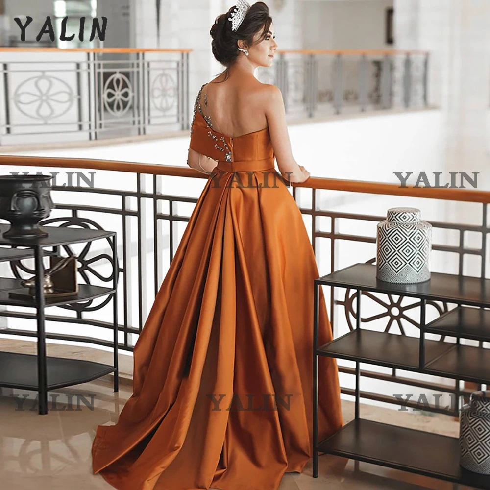 YALIN Arabic Satin Orange Evening Dresses Muslim One Shoulder Beaded Sleeve Robes De Soirée Customer Made Formal Wedding Gowns