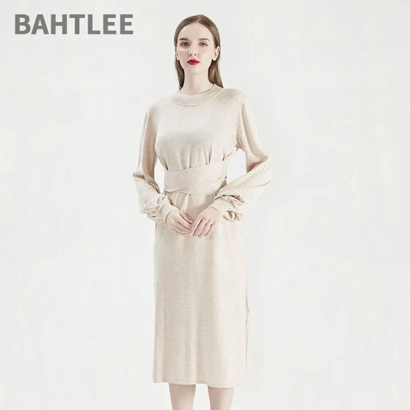 

BAHTLEE-Women's Ankle Length Dress with Belt, O-Neck Pullover, Wool Sweater, Knitted Jumper, Long Sleeves, Loose, Spring, Autumn