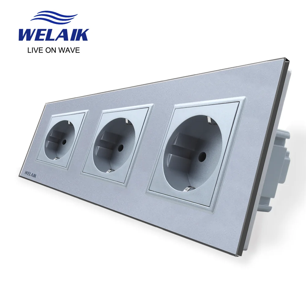 WELAIK 3Frame EU Wall Socket 220V 16A Russia Germany European Standard  Tempered Glass Panel Safety Wall Power Socket  A38E8E8EW