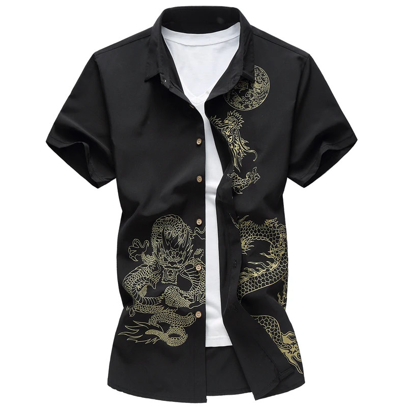 Chemise à Manches Courtes pour Homme, Style Chinois, Imprimé Dragon, Business, Décontracté, Vin, Rouge, Bleu, Noir, ix, Mariage, Nouveau