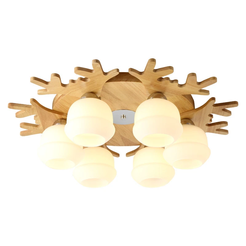 

Nordic Wood Antlers Ceiling Lights for Living Room Decorate Cafe Industrial Glass Lampshade Chandeliers Bedroom Ceiling Lamp