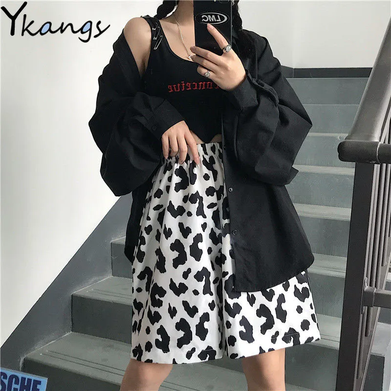 

White Cow Summer Y2k Running Sport Shorts for Women Streetwear Harajuku Korean Joggers Women Elastic High Waist Wide Leg Shorts