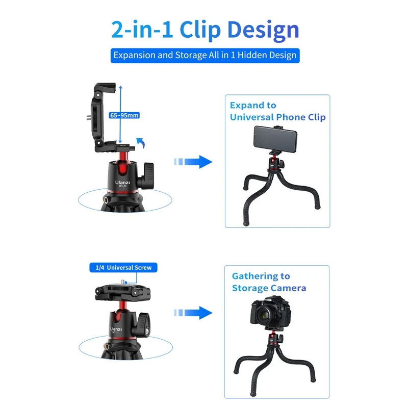 Ulanzi-trípode de pulpo Flexible para teléfono, palo Selfie 2 en 1 con soporte para teléfono, DSLR, cámara, Vlog, portátil, diseño de MT-11