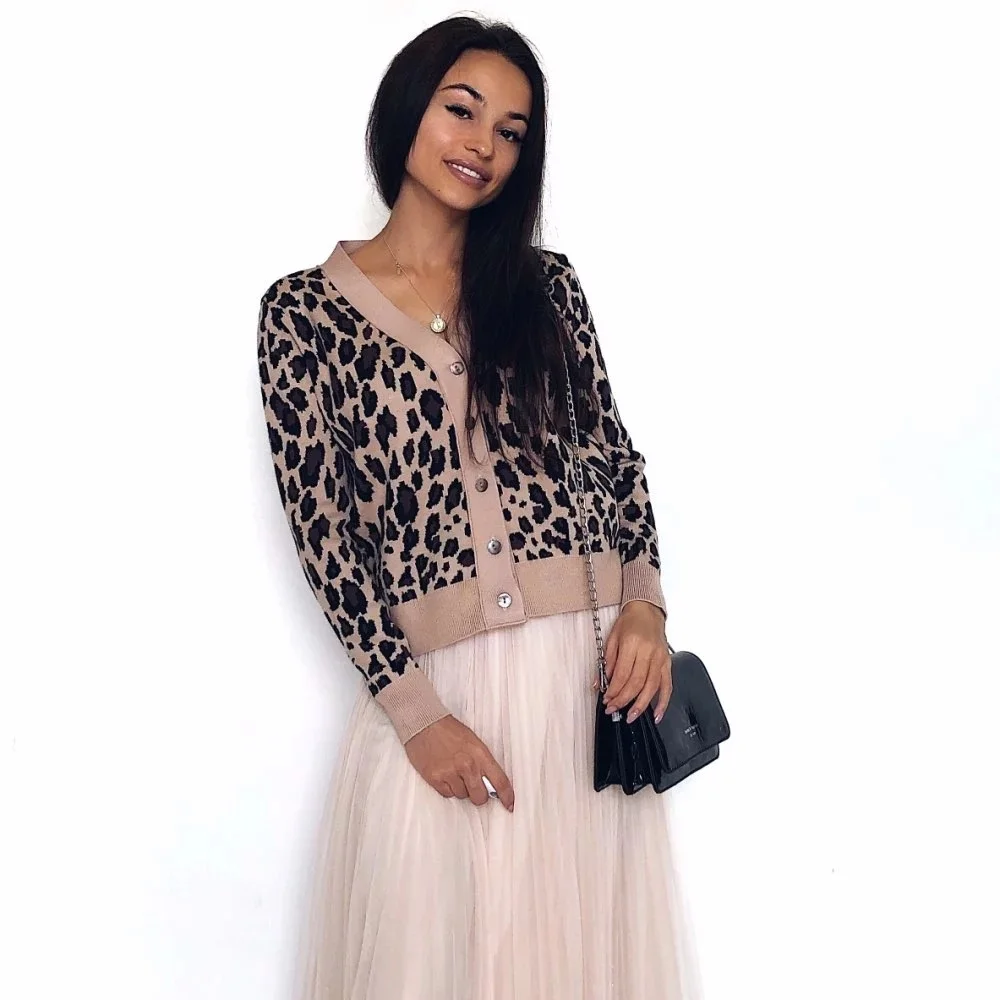 2021 wiosna jesień Vintage wzór w cętki kobiety sweter z dzianiny V-Neck przyciski krótki kardigan Casual kobieta odzież damska