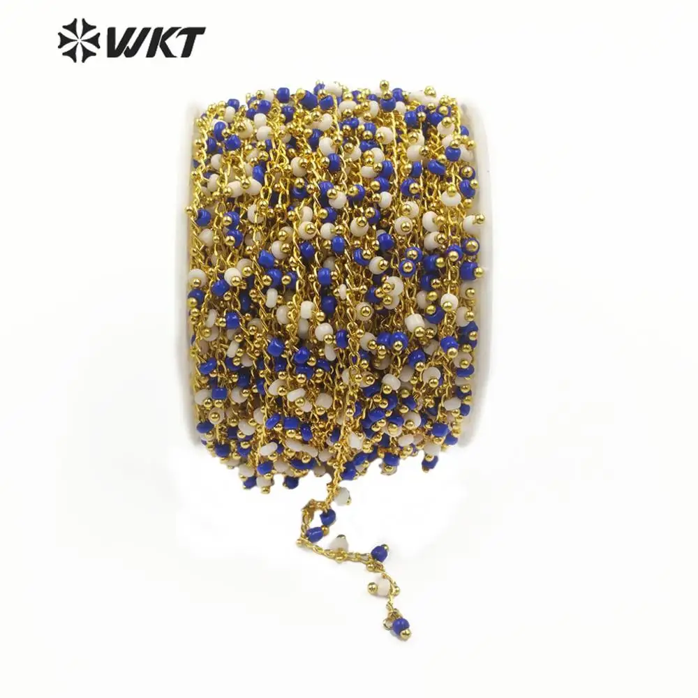 

WT-RBC127 WKT Multi Blue White Crystal Beads Gold Electroplated Wire Wrapped Tiny Bead Rosary Chain For Women Stylish Jewelry