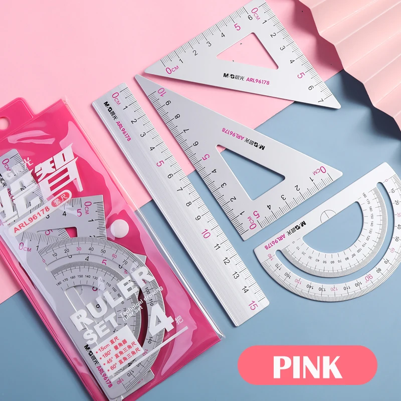 M&G Aluminium Ruler Set 4pcs/set Metal Geometry Maths Drawing compass stationery Rulers mathematical for School