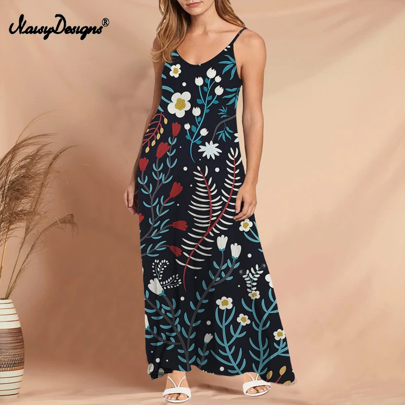 Noisydesigns Dài Mùa Hè Cho Nữ Boho Hoa Thanh Lịch Dây Cổ Chữ V Gợi Cảm Băng Tối ĐẦM DỰ TIỆC Sundress