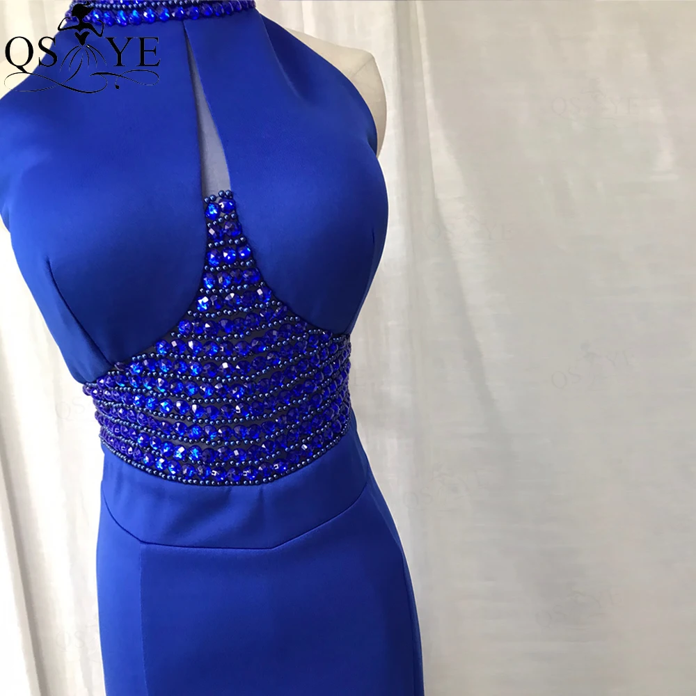 Robe de soirée de forme sirène pour femmes, tenue de soirée, col licou, col haut, perles de cristal, extensible, fendue, de standing, bleu Royal