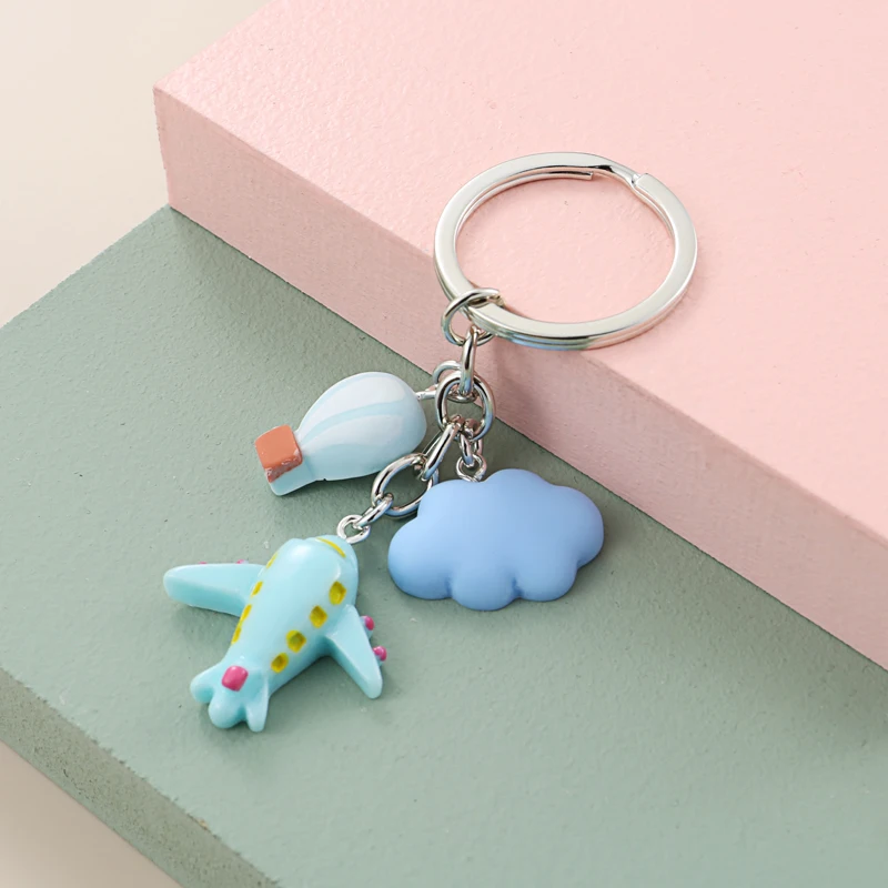 Lovely Aviation Keychain Resin Key Ring Rainbow Airplane Cloud Hot Air Balloon Key Chain Girl Teens Gifts DIY Jewelry Handmade