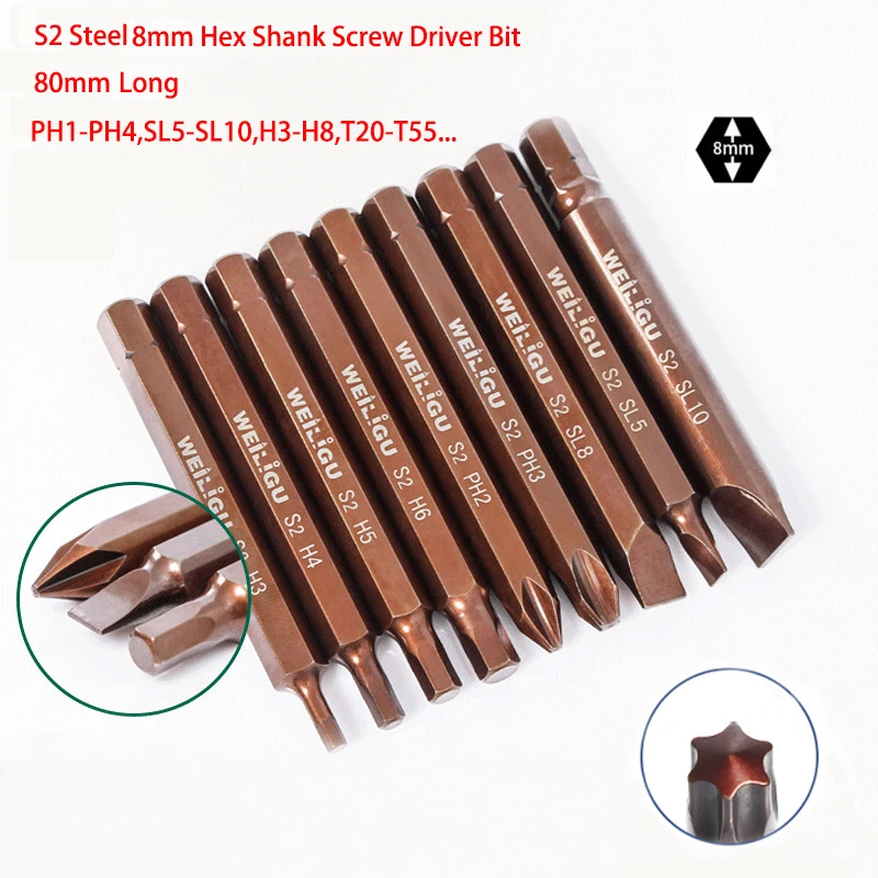 1Pcs 8mm Hex Shank 80mm Long S2 Steel Impact Duty Screw Driver Bit PH1-PH4, SL5-SL10, H3-H8,T20-T55 Electric/Hand Drill Bits