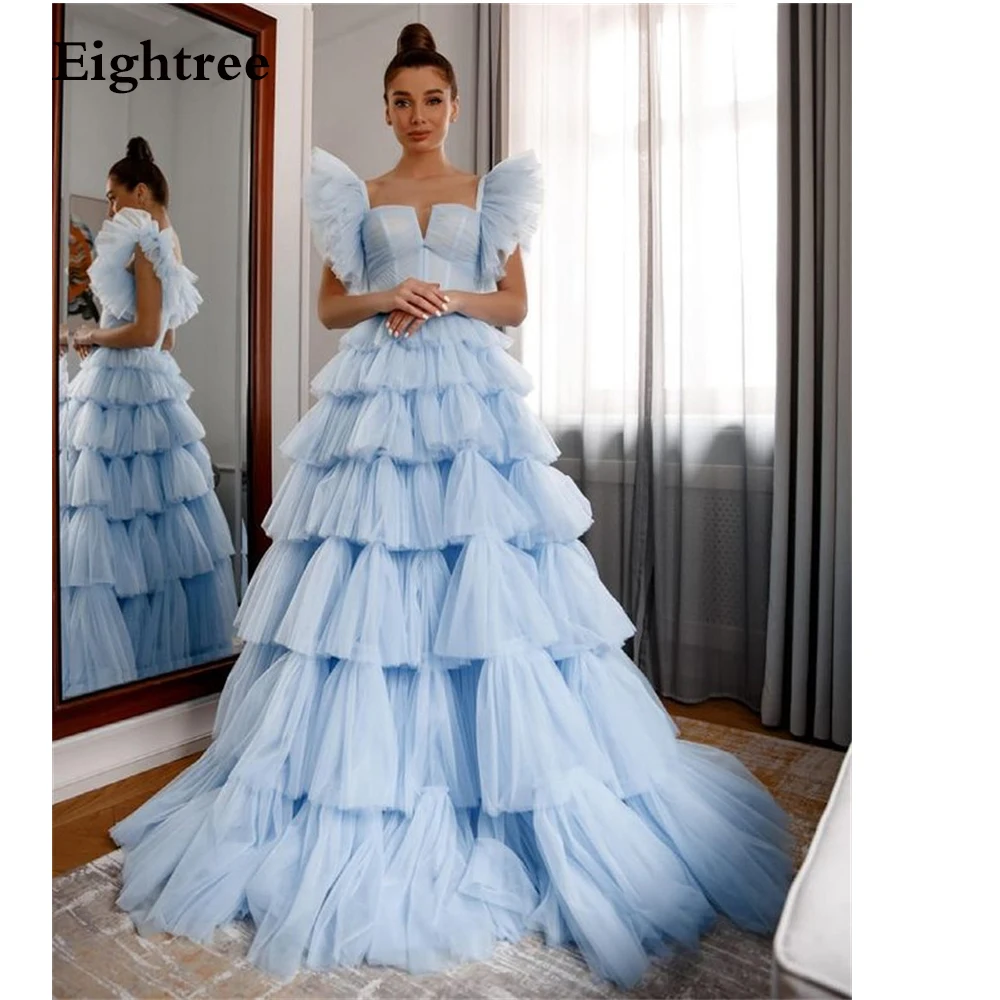 Eightree 2021 Sky Blue Ruffled Long Tulle Cake Evening Dresses  A Line Sleeveless Tiered  Floor Length Prom Ball Gowns