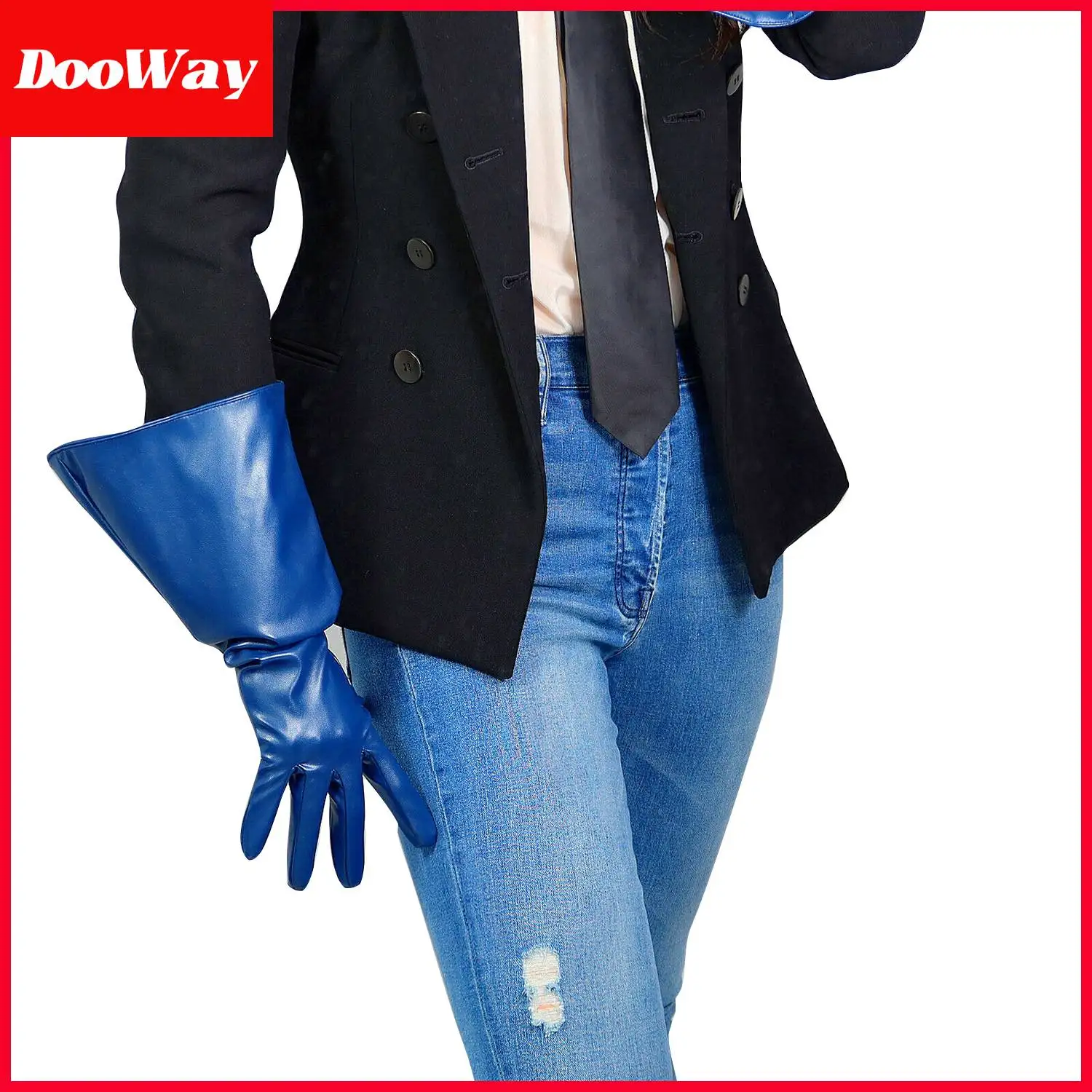 DooWay Women Navy Blue Long Leather Gloves Gauntlet Faux Leather Puff Wide Sleeve for Evening Costume Party Christmas Wedding