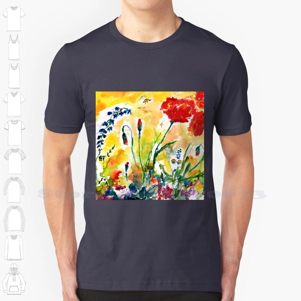 Wildflowers And Poppies 2017 100% Cotton T-Shirt Aix En Bees Colors Of Floral Country Ginette Meadows Red Poppies