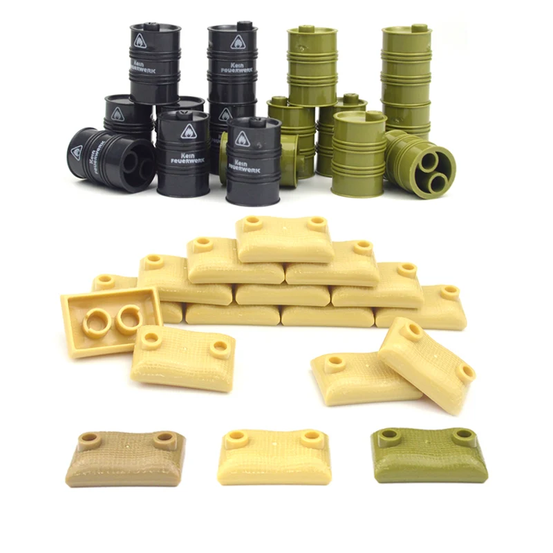 

Sandbags Military Accessories bricks Oil Drum Swat Weapon Soldier WW2 Army MOC Parts Building Block Military scene series