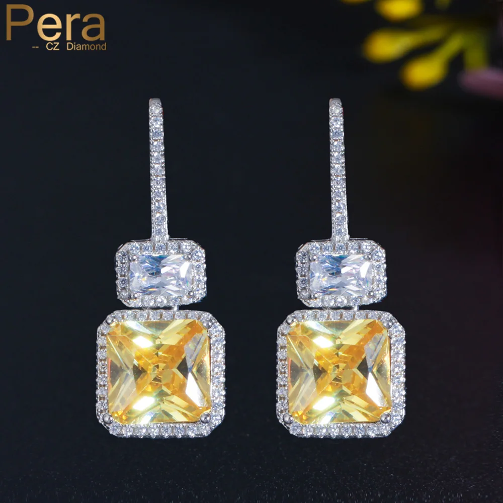 Pera Classic Dangle Square Shape Yellow Cubic Zirconia Silver Color Drop Earrings for Ladies Fashion Prom Party Jewelry E686