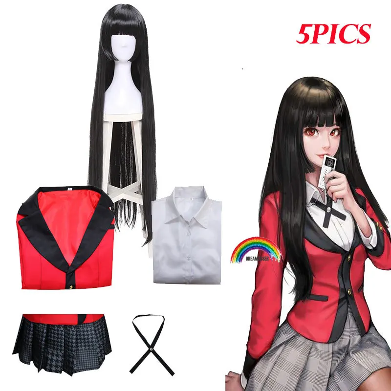 

Kakegurui 5pics Yumeko Jabami Wigs 100cm Fashion Black Straight Heat Resistant Synthetic Hair Perucas Cosplay Wig School Uniform