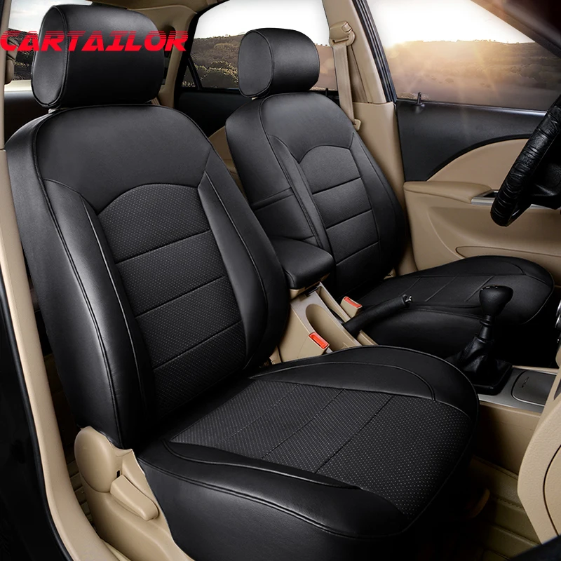 CARTAILOR Black Cowhide Leather Seat Covers Cars Accessories for Land Rover Discovery 4 Car Seat Cover Protector for Cars Seats