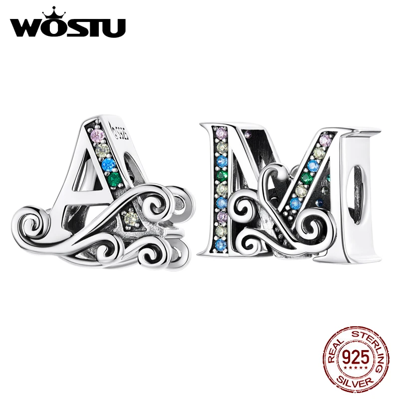 WOSTU 925 Sterling Silver Vintage Letter A M Rainbow Charms Beads Pendant Fit Original Bracelet Necklace For Women Jewelry