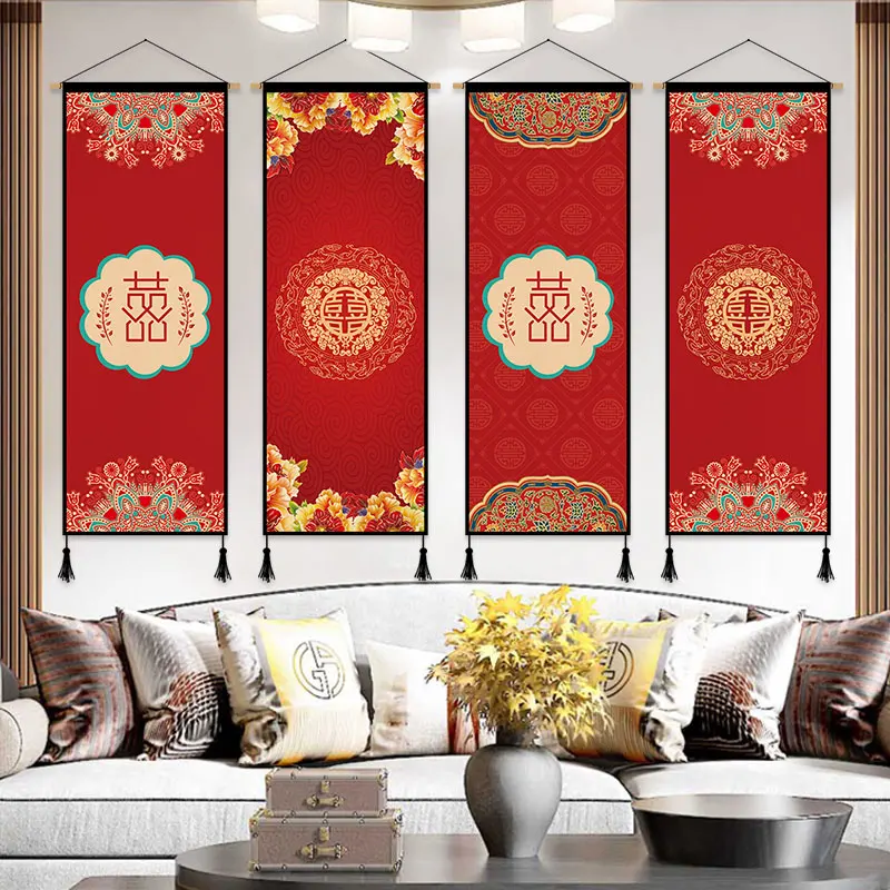 

Chinese Style Scroll Painting Hang Home Decor Canvas Paintings Print Art Posters Red Double Happiness Wall Pictures for Wedding