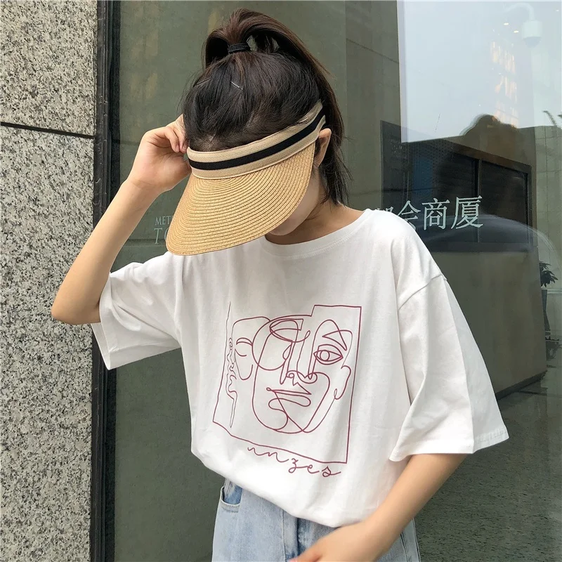 kuakuayu HJN Women's Korean Fashion Faces Art Drawing T-Shirt Aesthetic Street Style Ulzzang Tee 90s Lolita Kawaii Top