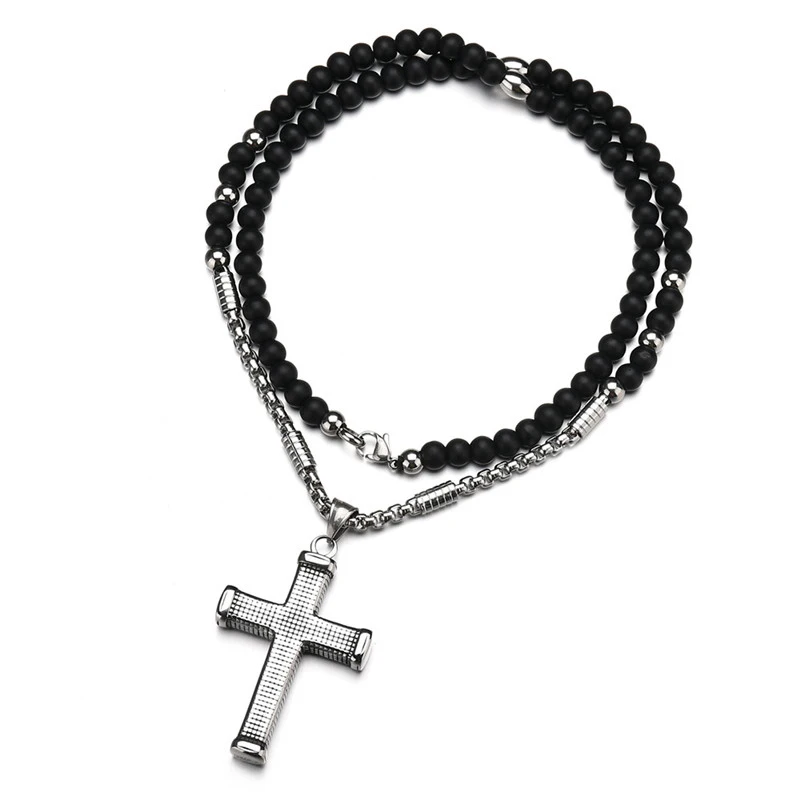 AsJerlya New Cross Pendant Necklace For Men Women 316L Stainless Steel Rosary Beads Necklace Religious Jewelry