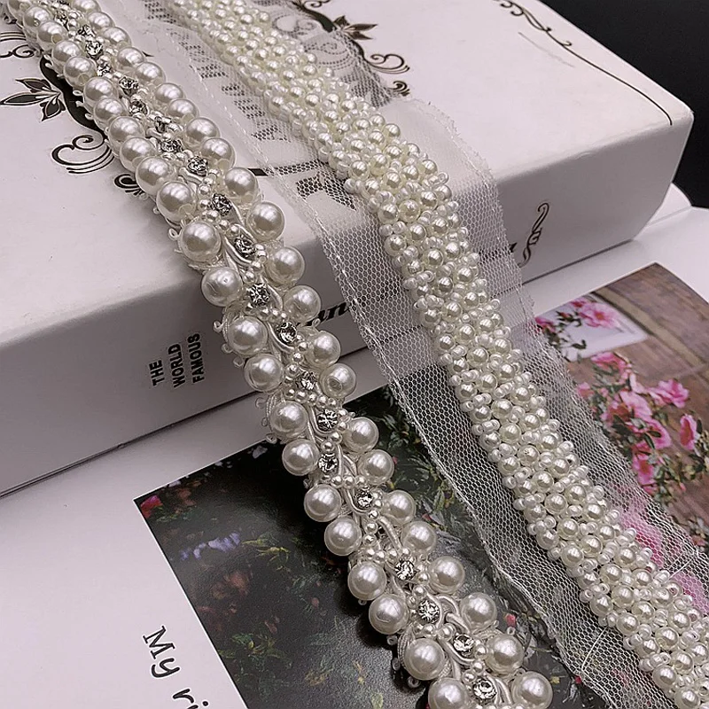 5.8Yards/Piece White Pearl Beads Trim Rhinestone Tape Decoration Lace Ribbon Crystal Appliques for Clothes Shoes Making