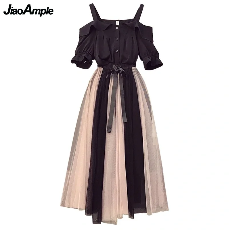 Women Summer Clothing Suit Fashion Slash Neck Black Shirt Skirts Set Korean Sweet Girls Flare Sleeve Layers Mesh Bow-Knot Dress