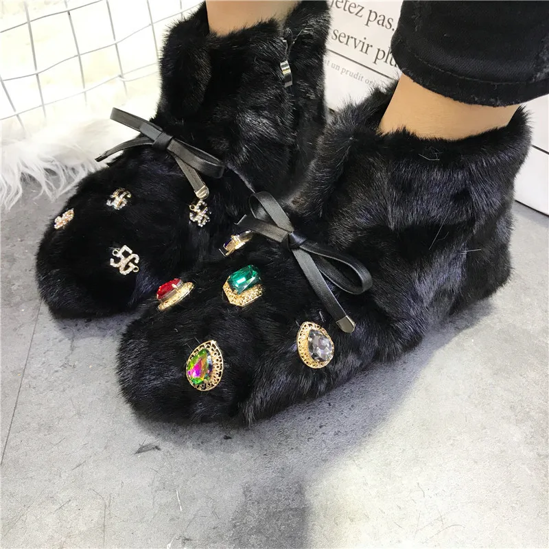 Crystal Decor Women Winter Warm Fur Booties Flat Botas Mujer Casual Ankle Boot Thick Sole Platform Shoes Ladies Snow Boots