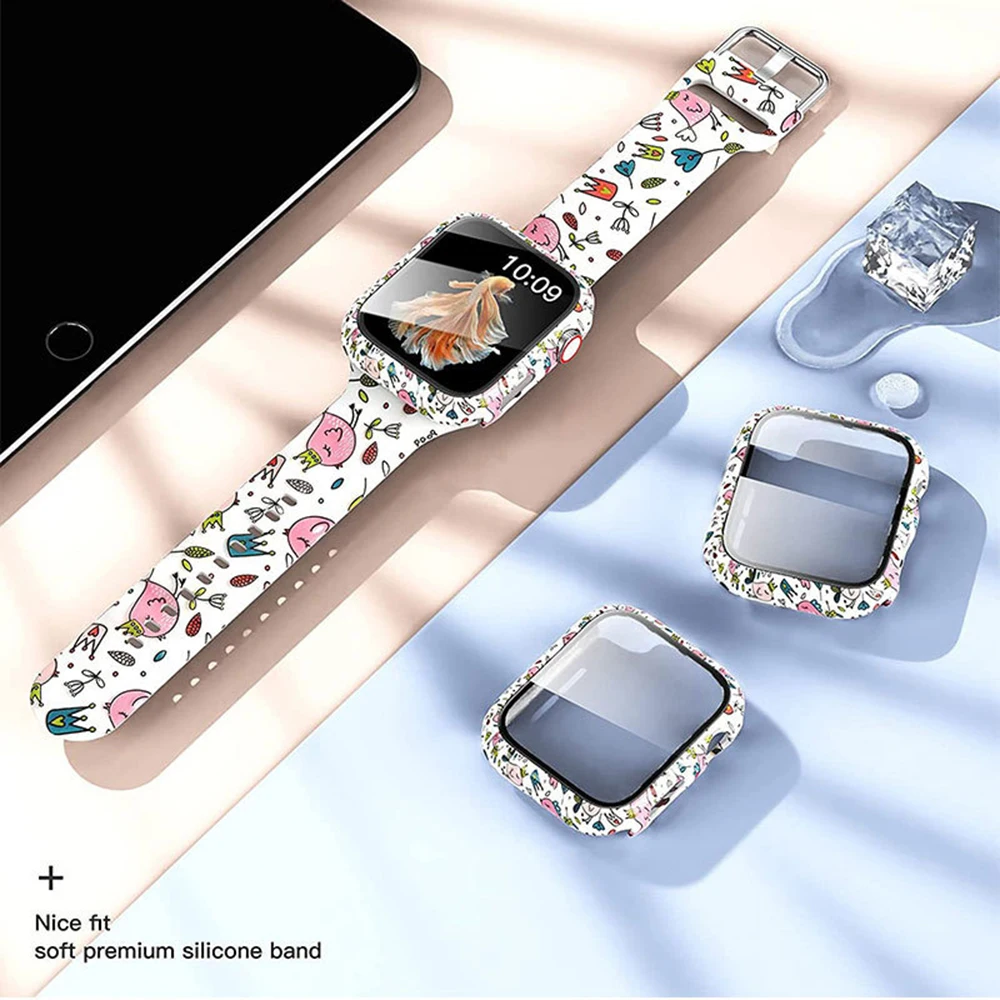 Glass+Case for Apple Watch Cases 44 40 42 38mm Bumper+Screen Protector for iWatch SE 6 5 4 3 2 1 Fashion Water Transfer Process