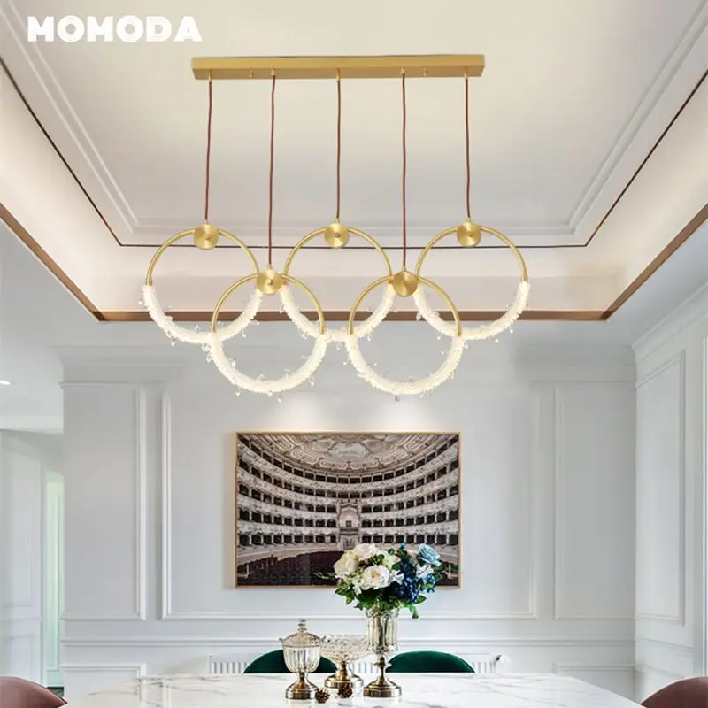 Nordic LED Chandeliers Lighting Modern Copper Crystal Ring Pendant Hanging Lamps Lustre Bedroom Living Room Villa Lights Fixture