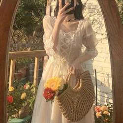 2026 Spring Lace Sweet Elegant Dress Women Evening Party One Piece Dress Korean Kawaii Short Sleeve Dress Female Square Collar