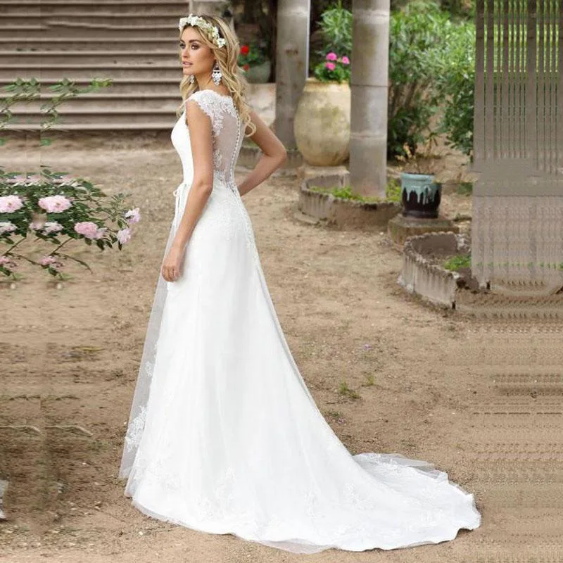 Robe De mariée De forme trapèze, vêtement De plage, style Boho, avec des boutons au dos en dentelle, application, bon marché, 2020