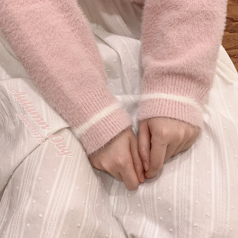 Winter College Plush Knitted Sweater Women Pink Kawaii Cashmere Jumper Girls Soft Warm Vintage Korean Fashion Female Pullover