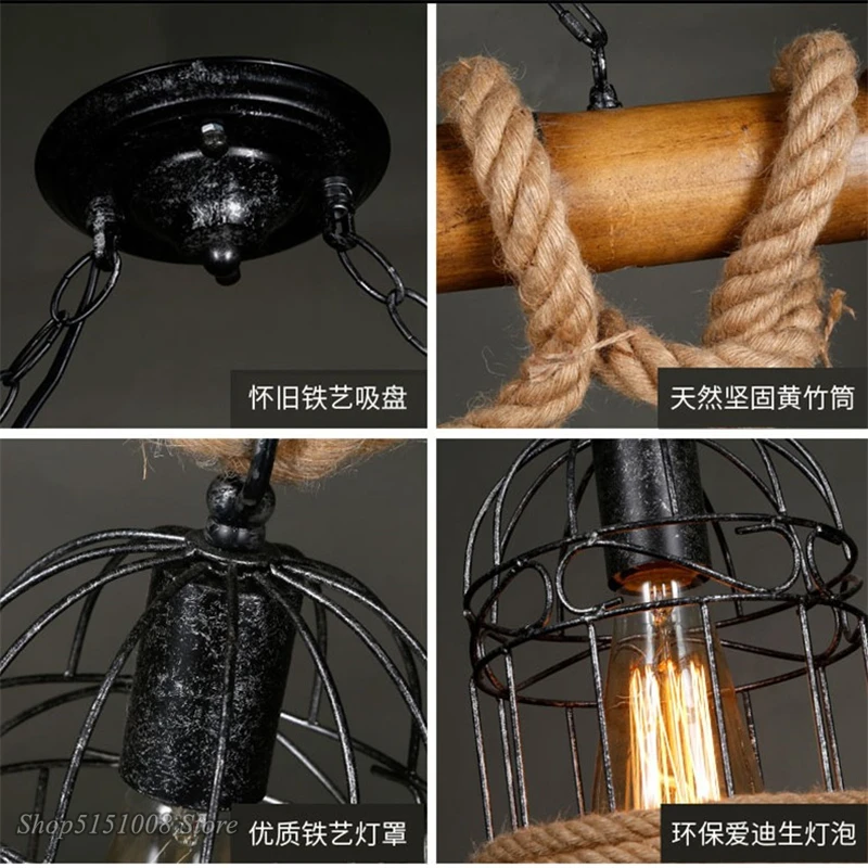 Vintage Pendant Lights loft Hemp Rope Bamboo Iron Cage hanging lamp Hand Knitted Luminaria for Restaurant bar Lighting Fixtures