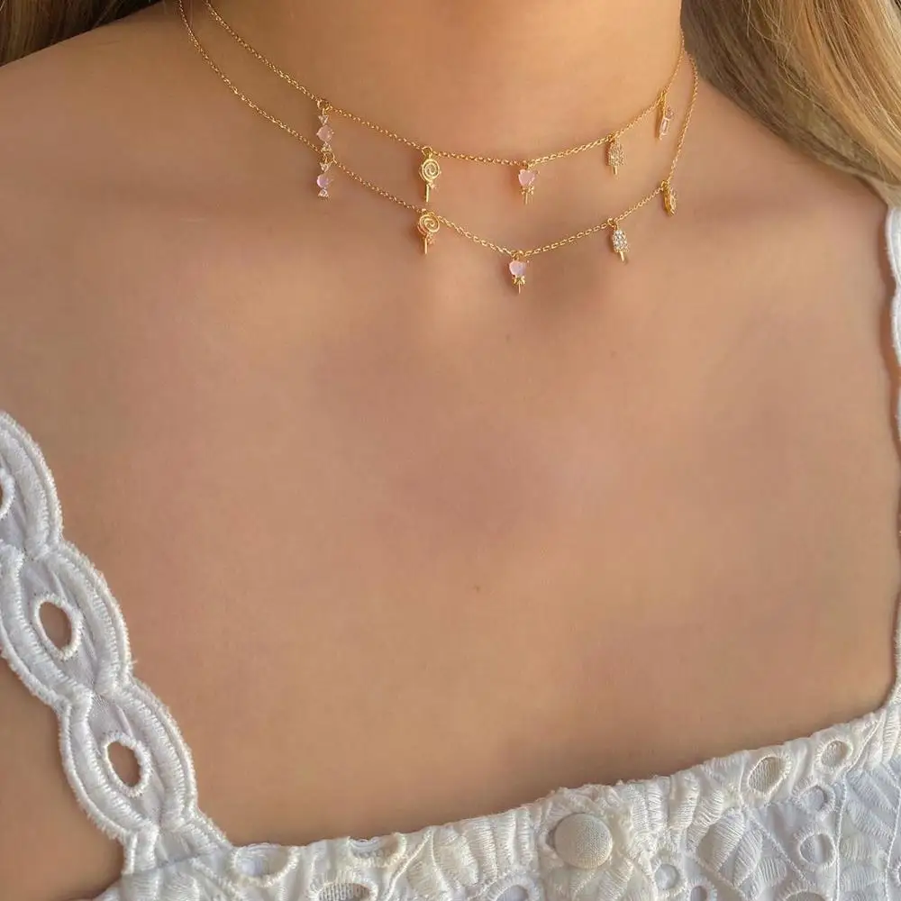 Summer New Rose Gold Color Sweet Tooth Choker Candy Heart Wine Glass Cute Pink Pastel Mini Stack Necklace For Girls Jewelry