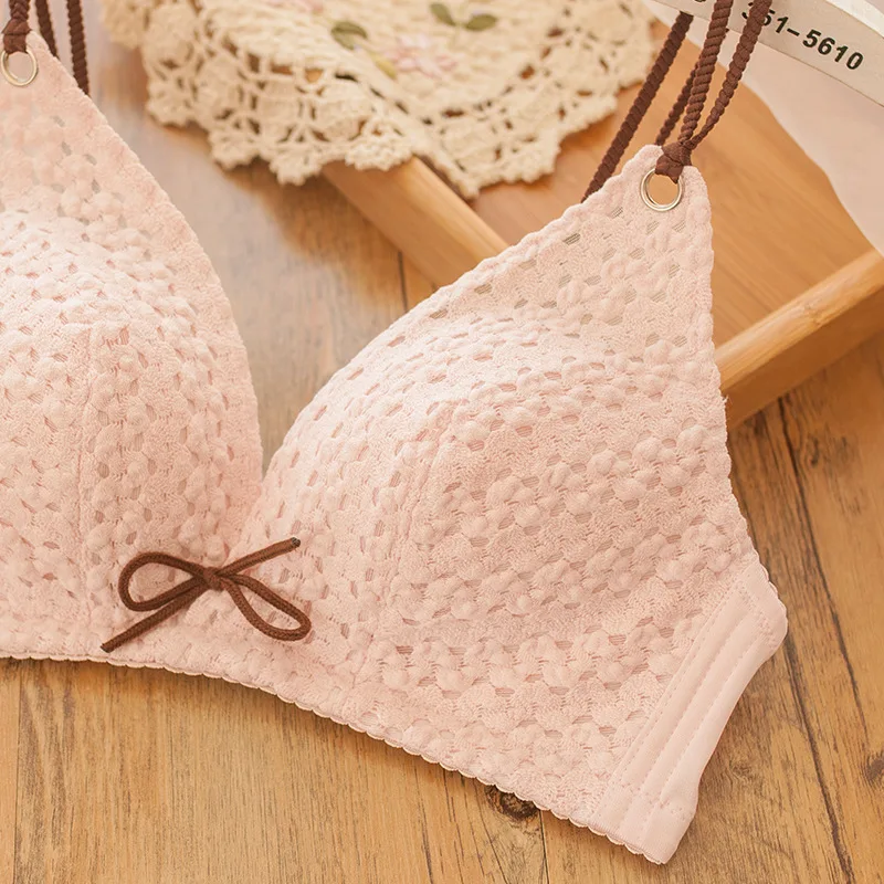 Deep V Linen Cotton Embroidery Wire Free Sexy Push Up Bra Set Panties Bow Padded Triangle Cup Underwear Women Girl Bralette BH