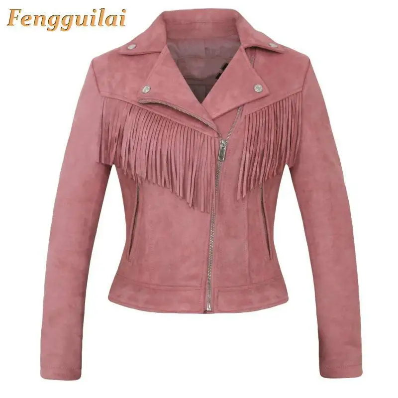 

New Elegant Autumn Zipper Basic Suede Tassel Coat Motorcycle Women Outwear Brown Slim Short Winter Jackets