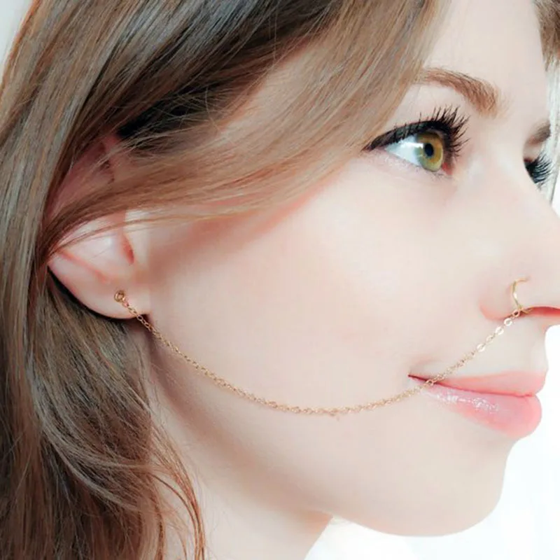 Retro Nose Ring Chain Earrings Hook Ring Round Nose Piercing Ear Bone Lip Rings Piercing Women Unique Body Jewelry