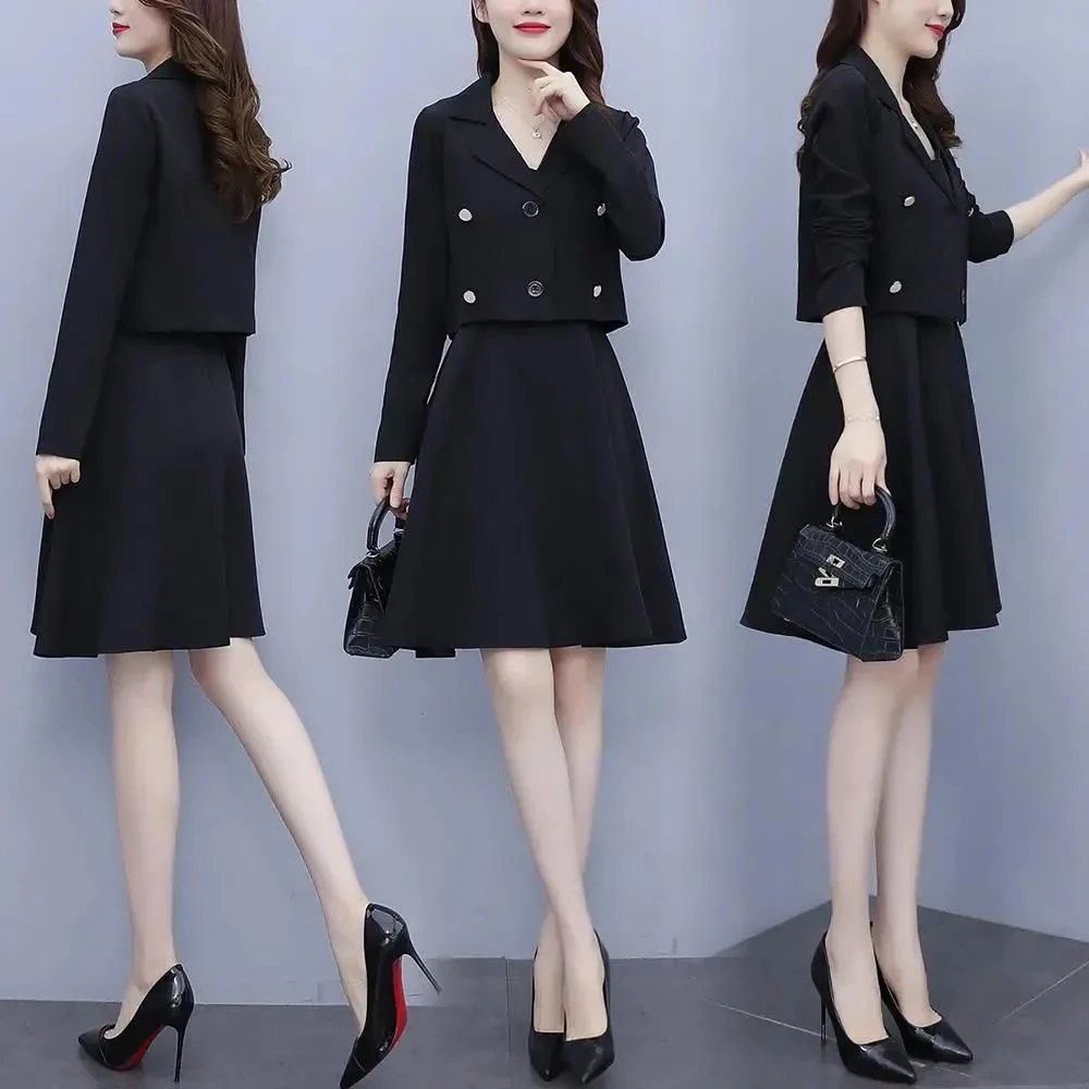 Office Lady Elegant 2 Piece Set Women Elegant Cropped Blazer Jacket And Sleeveless A-Line Tank Dress Suit Spring Thin Outfits