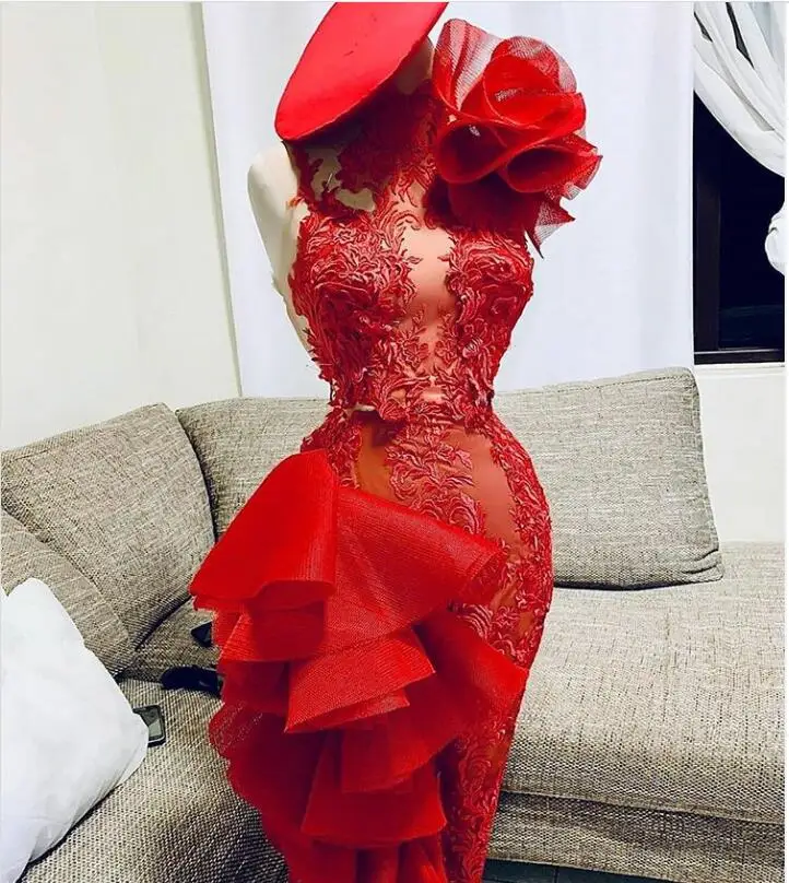 Real Image Red Lace Sexy Knee Length Cocktail Dresses One Shoulder Sexy Prom Gowns Tulle 3D Flower Ruffles Formal Party Dress