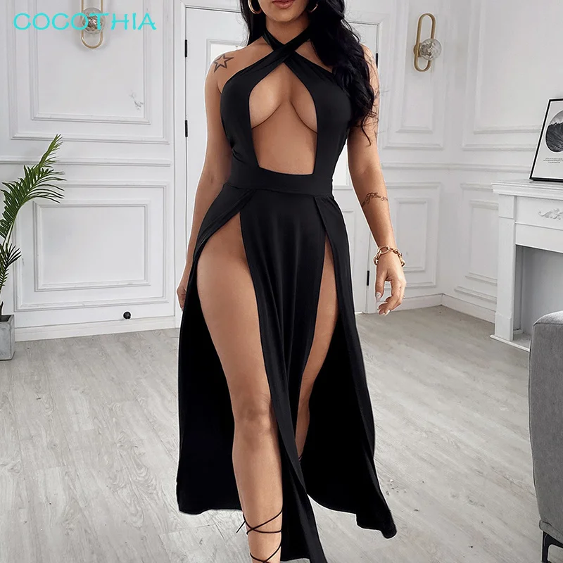 COCOCOTHIA-Long Black Irregular Split Bandage Dress, Neck-Mounted Chest Wrapping, Elegant, Nightclub Evening Party Fashion