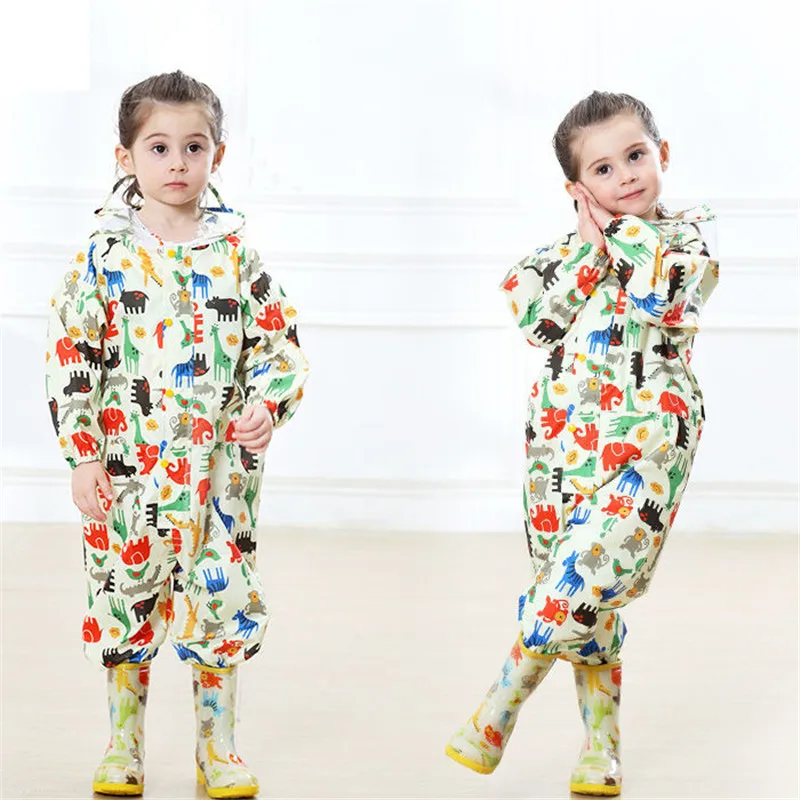 Children Girls Raincoats Fashion Animal Pattern Design Waterproof Rain Pants Kids Hooded Jumpsuit For Baby Boys 1-10 Ys Rainsuit