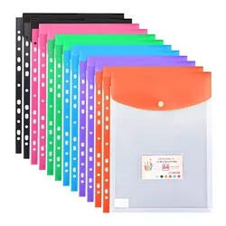 A4 Size Clear Plastic Waterproof Perforated Pockets with Button Closure for 11 Holes Files Binder Envelopes Folders Organizer