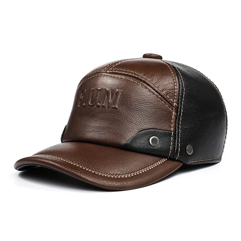 Man Hats Genuine Leather Letter Printed Baseball Cap Male Cowhide Two Tone Outdoor Auburn Leisure Warm Caps With Ear Tab Gorra