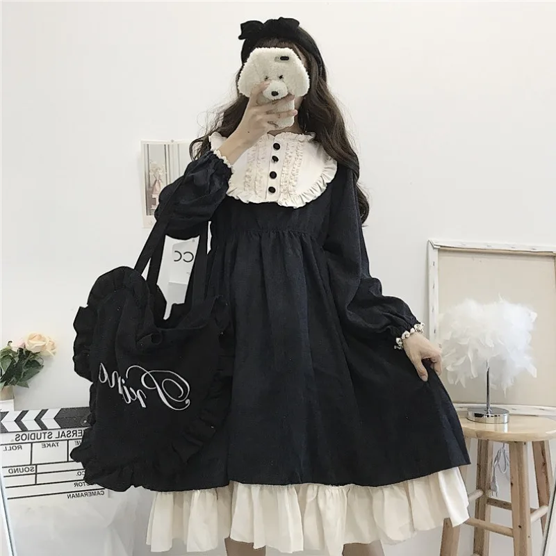 

Japanese Style Autumn Black Lolita Women'S Dresses High Waist Contrast-Color Ruffled Sweet Spring Dress Princess Kawaii Clothing