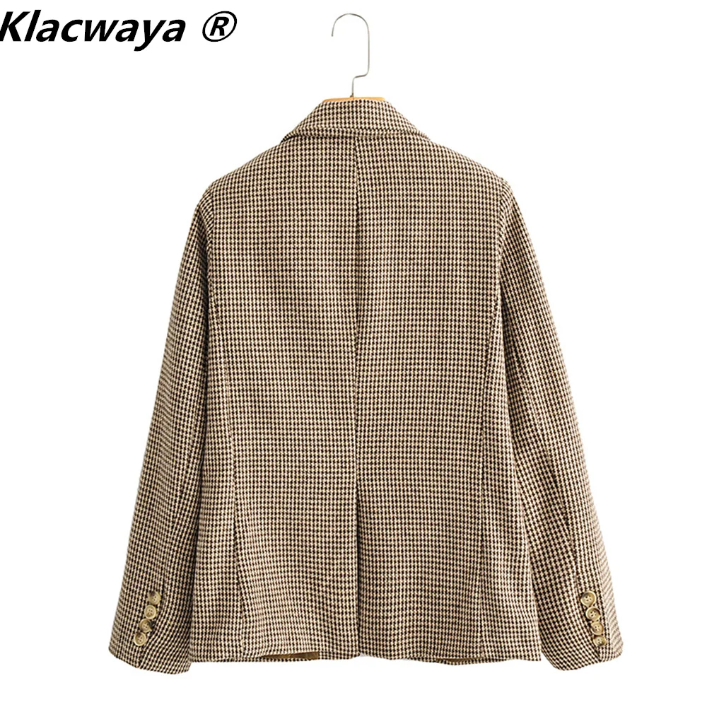 Klacwaya Houndstooth Blazer Women Jackets For Women 2021 Autumn Casual Checked Jacket Female Pockets Office Lady Blazers