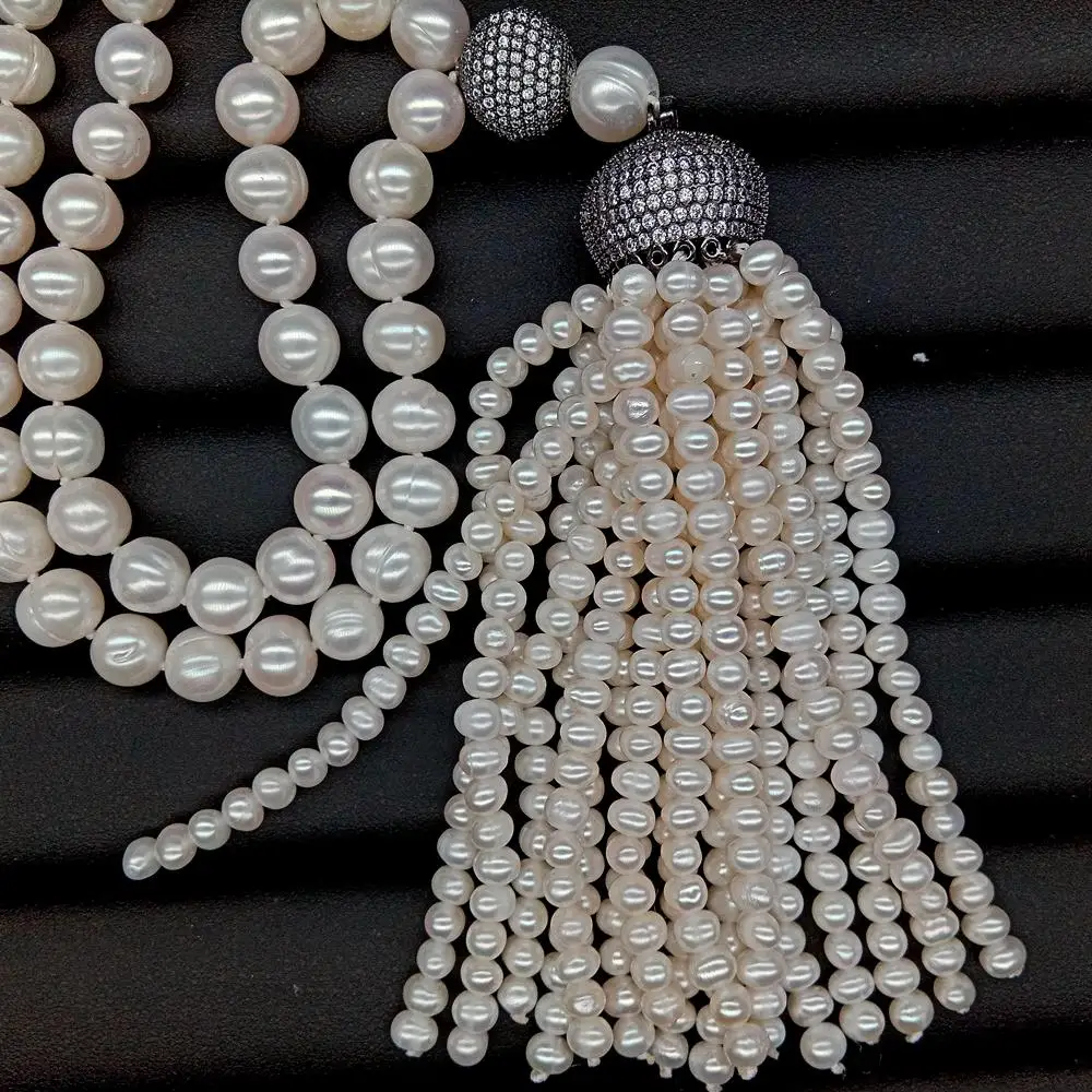 

Y·YING Natural 9-10mm Cultured White Freshwater Pearl sweater chain Long Necklace Cz Pave Gunmetal pearl Tassel Pendant 41"