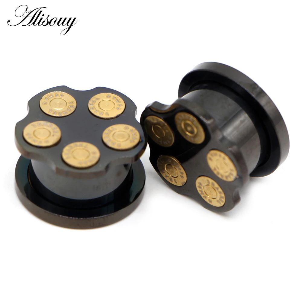 Alisouy 2PCS 6-16mm Stainless Steel Ear Tunnels Plugs Black Silver Color Expander Stretcher Ear Gauges Piercing Body Jewelry